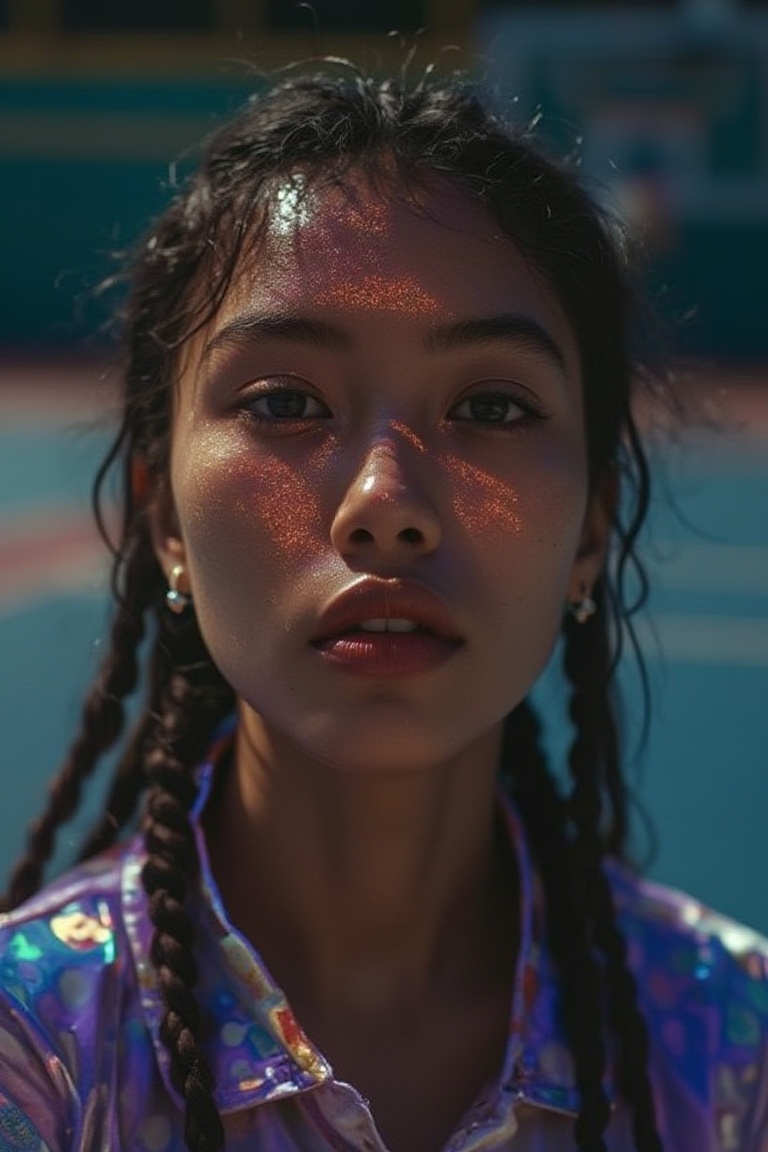 glow_skin portrait of a filipina woman with braided hair,  her radiant skin shimmering under the court lights,  wearing a...
