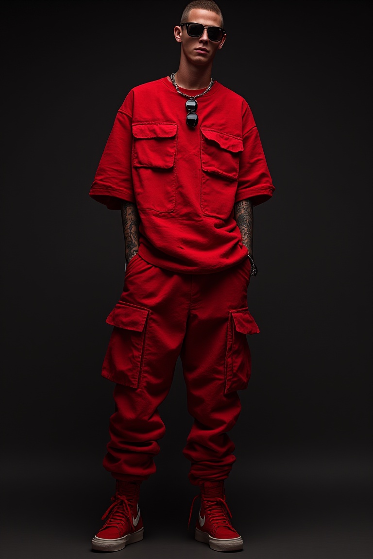 a full body photo of an editorial photoshoot for the high fashion magazine Dazed T Bold male model wearing red cargo pants...