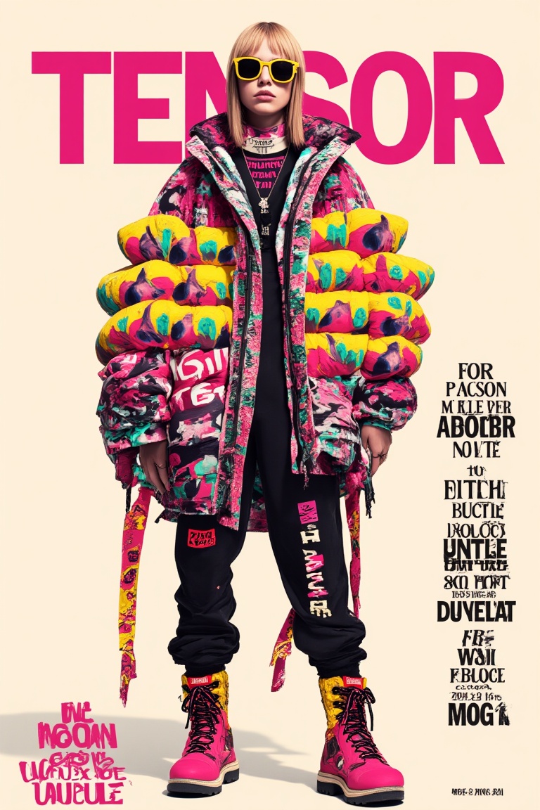 A model wearing with numbers and symbols on them,  in the style of "TENSOR" fashion brand. This is a poster design for a f...
