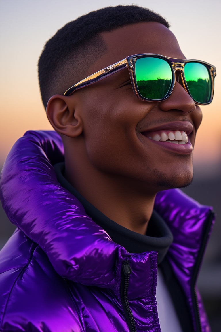 A photo of an attractive young black man. He is smiling and wearing sunglasses with green tinted lenses. His hair has shav...