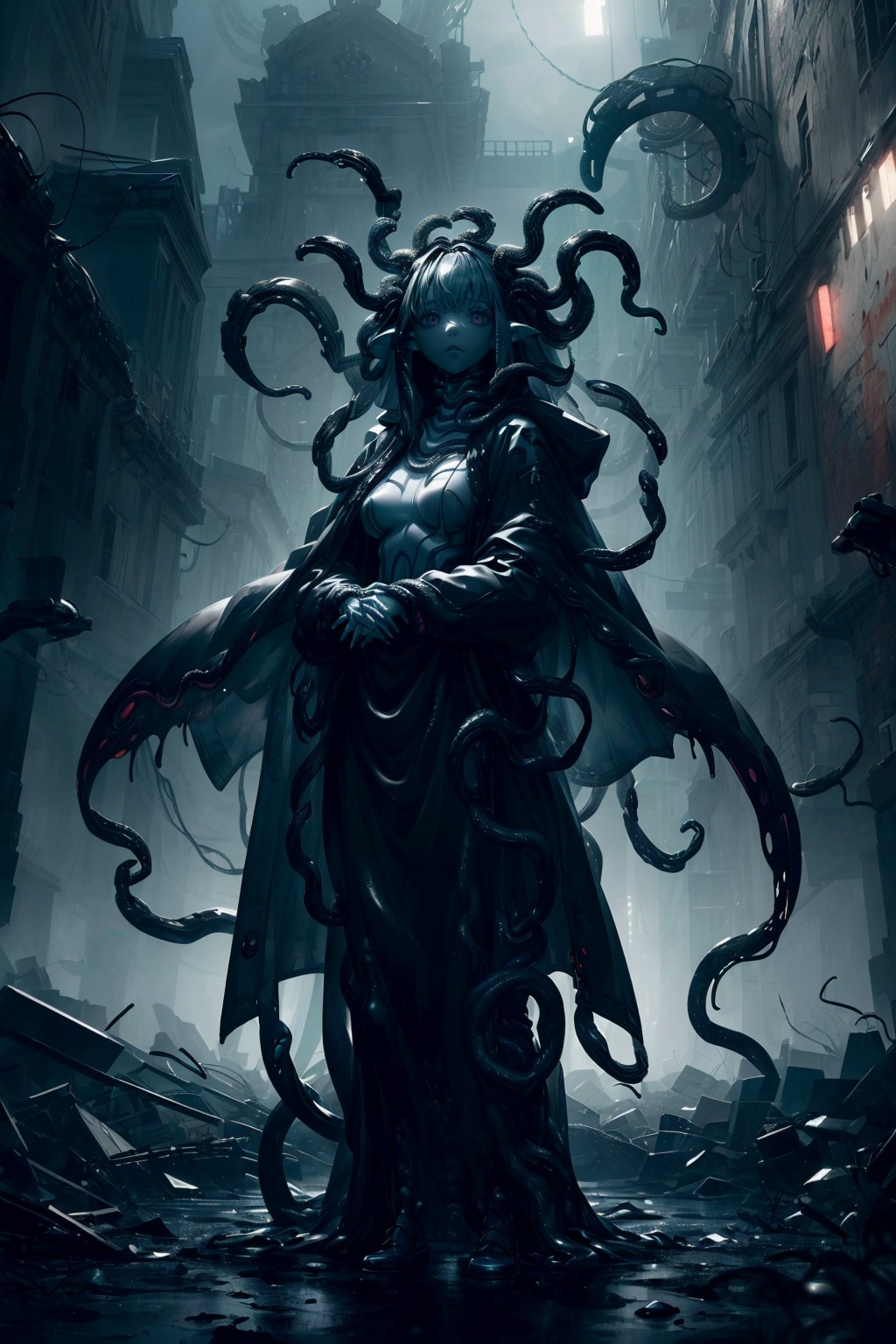 (((gloomy tentacle biopunk))),  ((gloomy biopunk girl)),  ((closed clothing)) on Tensor.Art