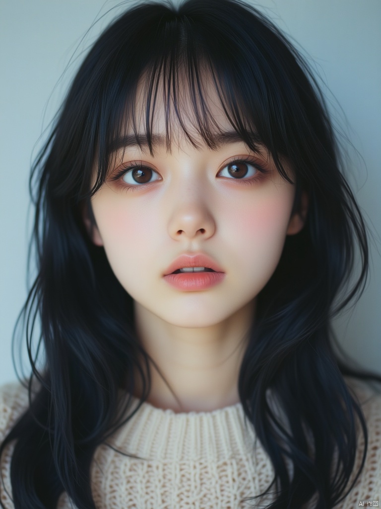OBbllai,
A close-up portrait of a young Asian girl with dark brown eyes and long black hair. Her eyes are a piercing blue and her lips are a lighter shade of pink. Her eyebrows are a darker shade of brown. Her hair is cascading down her shoulders. She is wearing a white sweater that is knitted at the bottom of her body. The backdrop is a light blue color.