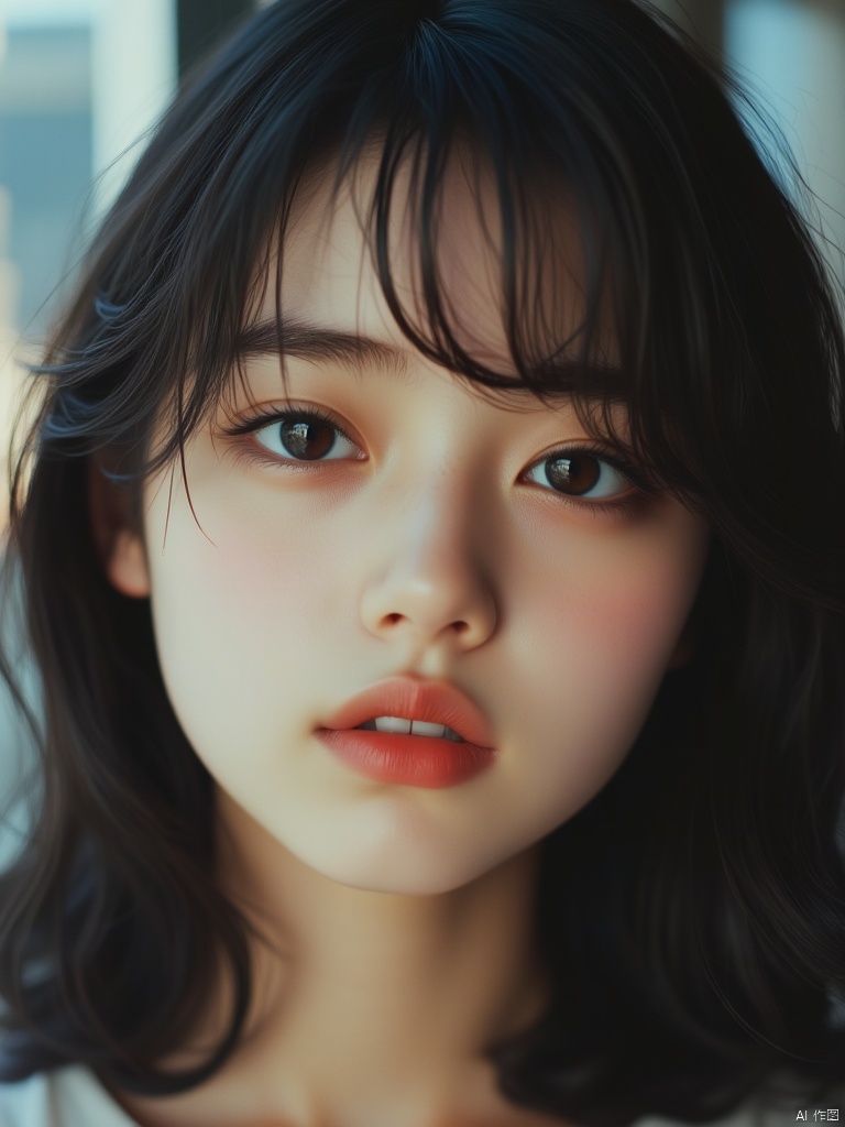 OBbllai,
A close-up portrait of a young Asian girl with dark brown eyes and dark brown hair. The girl's eyes are a piercing blue and her lips are a vibrant shade of red. Her hair is wavy and cascades over her shoulders. The background is blurred, creating a soft focus on the girl's face.