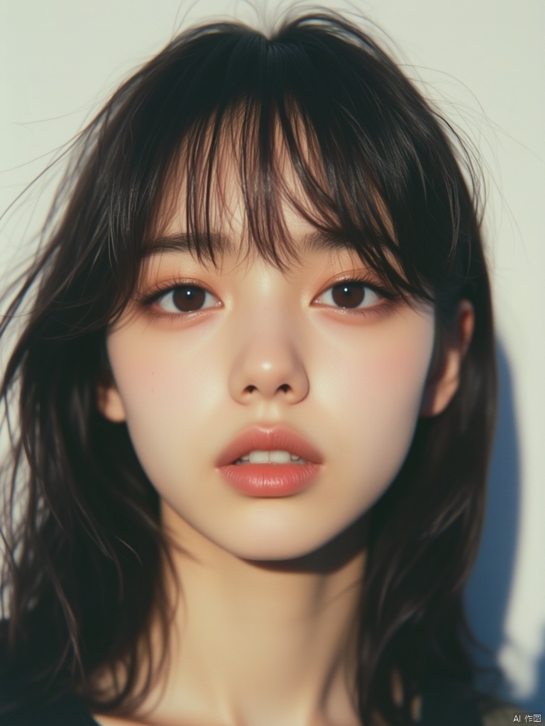 OBbllai, 
An eye-level shot of a woman's face, taken from a low-angle perspective. The woman's eyes are a piercing blue, and her eyebrows are a darker shade of brown. Her lips are a lighter shade of pink, and she has a slight smile on her lips. Her hair is a dark brown, with a few wispy bangs protruding from the top of her head. She has dark brown eyes, and dark brown eyebrows. The background is blurred, and the woman's shadow is visible on the right side of the frame. The photo is set against a white backdrop.