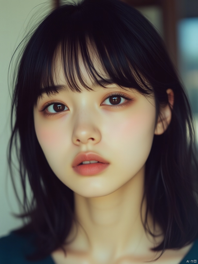 OBbllai,
A close-up of a medium-sized Asian woman with dark brown eyes and dark brown hair with bangs. Her bangs are pulled back, adding a touch of texture to her face. Her lips are a vibrant shade of pink, her eyes are a darker shade of brown. 
