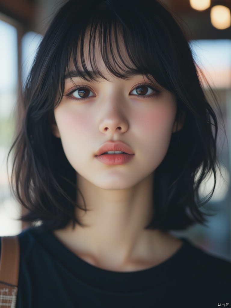 OBbllai,
A close-up of a medium-sized Asian woman with dark brown eyes and dark brown hair. Her eyes are a piercing blue and her lips are a lighter shade of pink. She is wearing a black t-shirt with a brown and white checkered pattern on the left side of her shirt. The background is blurred, creating a soft focus on the woman's face.