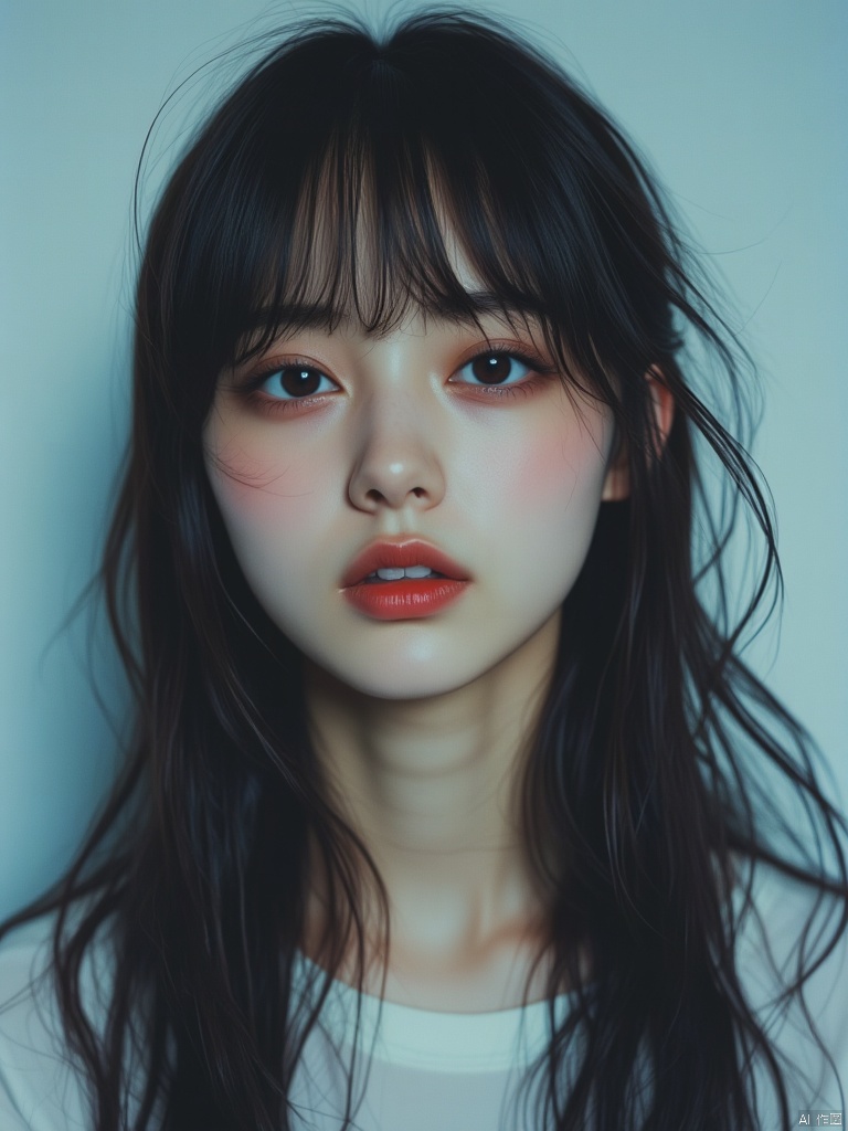 OBbllai,
An eye-level shot of a young Asian woman with long dark brown hair and bangs. Her eyes are a piercing blue and her lips are a vibrant shade of red. Her hair is cascading down her shoulders, framing her face. She is wearing a white shirt, and her hair is pulled back in a ponytail. The backdrop is a light blue, and the lighting is subdued, creating a stark contrast to the woman's face.