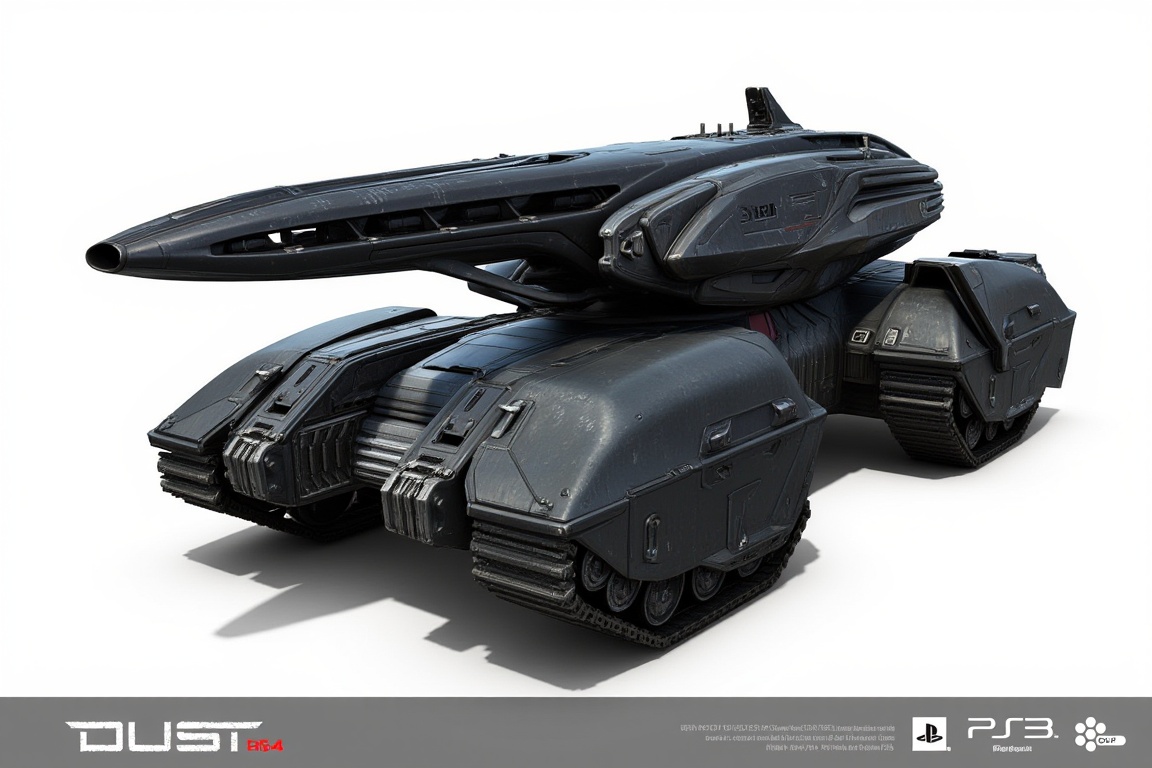 FuturisticWarrior style,, The image is a digital illustration of a futuristic caldari HAV. The  caldari hav is black in color and has a sleek and angular design. It has a large gun mounted on the top of the  caldari HAV, which is pointed towards the right side of the image. The gun has a long barrel and a pointed tip, and it appears to be pointing towards the left side of it.

The  caldari HAV has two large tracks on either side of its body, which are connected by a metal frame. The tracks appear to be made of metal and have a textured surface. The metal frame is covered in a pattern of small squares and rectangles, giving the  caldari HAV a futuristic and futuristic look. The background is white, and there is a hint of light shining on the **** from the top left corner. The word "DUST" is written in bold letters at the bottom of the illustration.