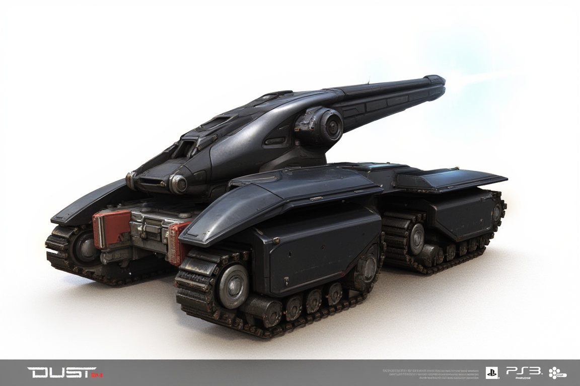FuturisticWarrior style,, The image is a digital illustration of a futuristic caldari HAV. The  caldari hav is black in color and has a sleek and angular design. It has a large gun mounted on the top of the  caldari HAV, which is pointed towards the right side of the image. The gun has a long barrel and a pointed tip, and it appears to be pointing towards the left side of it.

The  caldari HAV has two large tracks on either side of its body, which are connected by a metal frame. The tracks appear to be made of metal and have a textured surface. The metal frame is covered in a pattern of small squares and rectangles, giving the  caldari HAV a futuristic and futuristic look. The background is white, and there is a hint of light shining on the **** from the top left corner. The word "DUST" is written in bold letters at the bottom of the illustration.