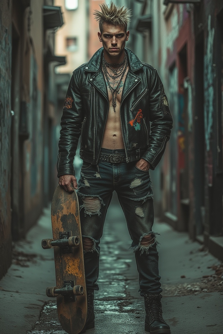 A man in punk style,  standing confidently in a gritty urban alley,  wearing a torn leather jacket with patches on Tensor.Art