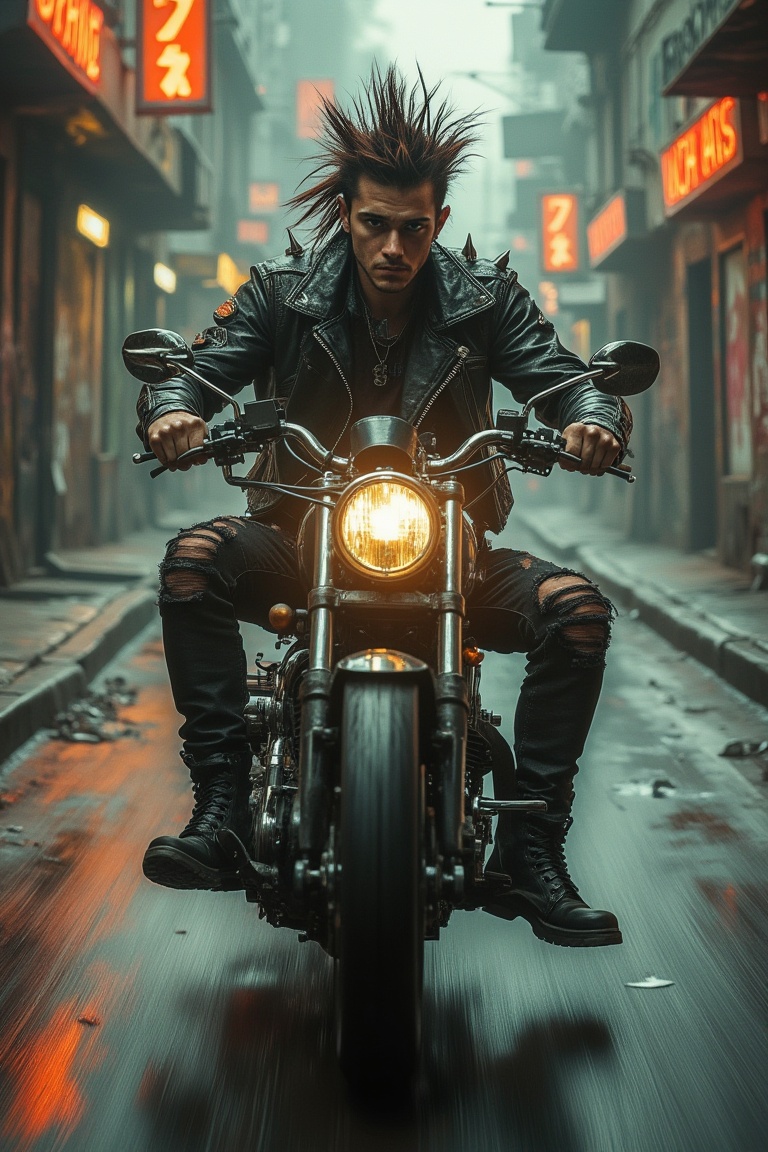 A man in punk style riding a motorbike,  rugged leather jacket with spikes,  ripped jeans on Tensor.Art