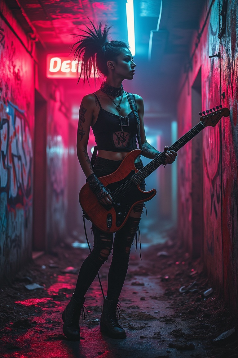 A dystopian world,  a woman in punk style,  vibrant neon lights illuminating the scene on Tensor.Art
