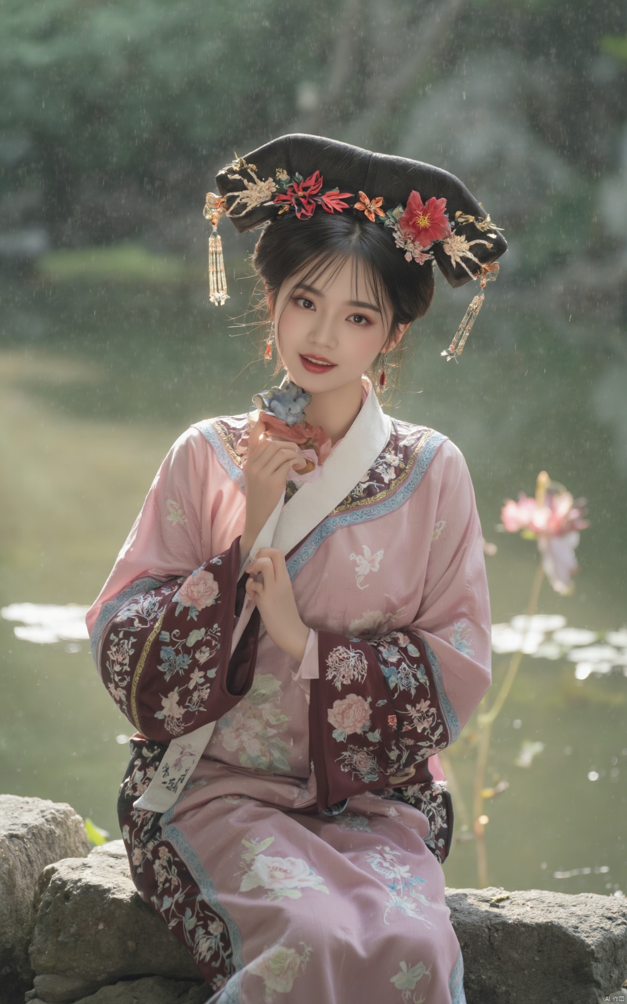 Masterpiece, the best quality, high quality,1girl,(huge breasts:1.59),(A pond full of pink lotus flowers:1.39),Xhaiqinyan,Xlimuwan,Xqingege,Xxiaoyixian,Xyafei,XQhanfu