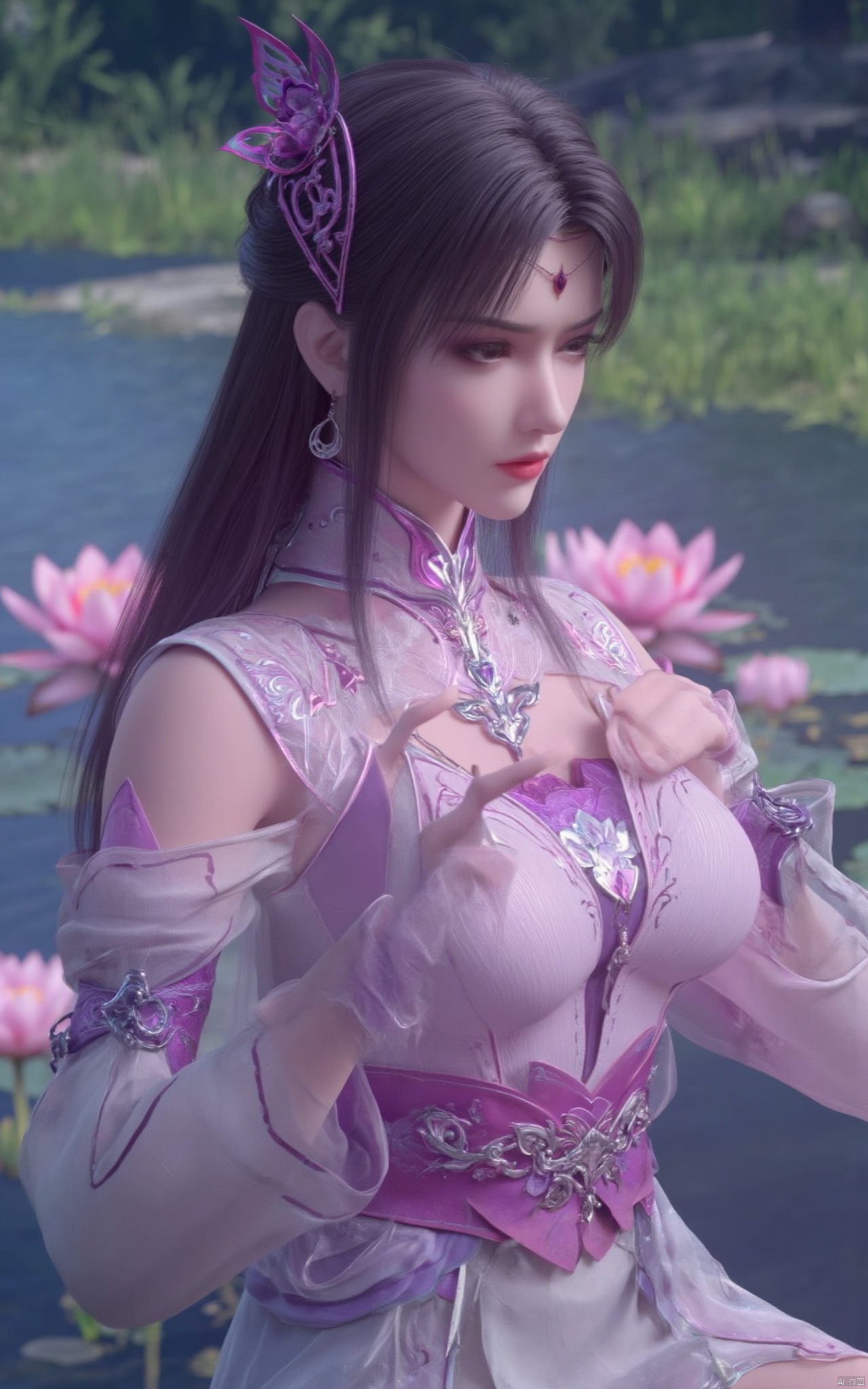 Masterpiece, the best quality, high quality,1girl,(huge breasts:1.59),(A pond full of pink lotus flowers:1.39),Xhaiqinyan,Xlimuwan,Xxiaoyixian,Xyafei,XMGqipao,Xxueshifu