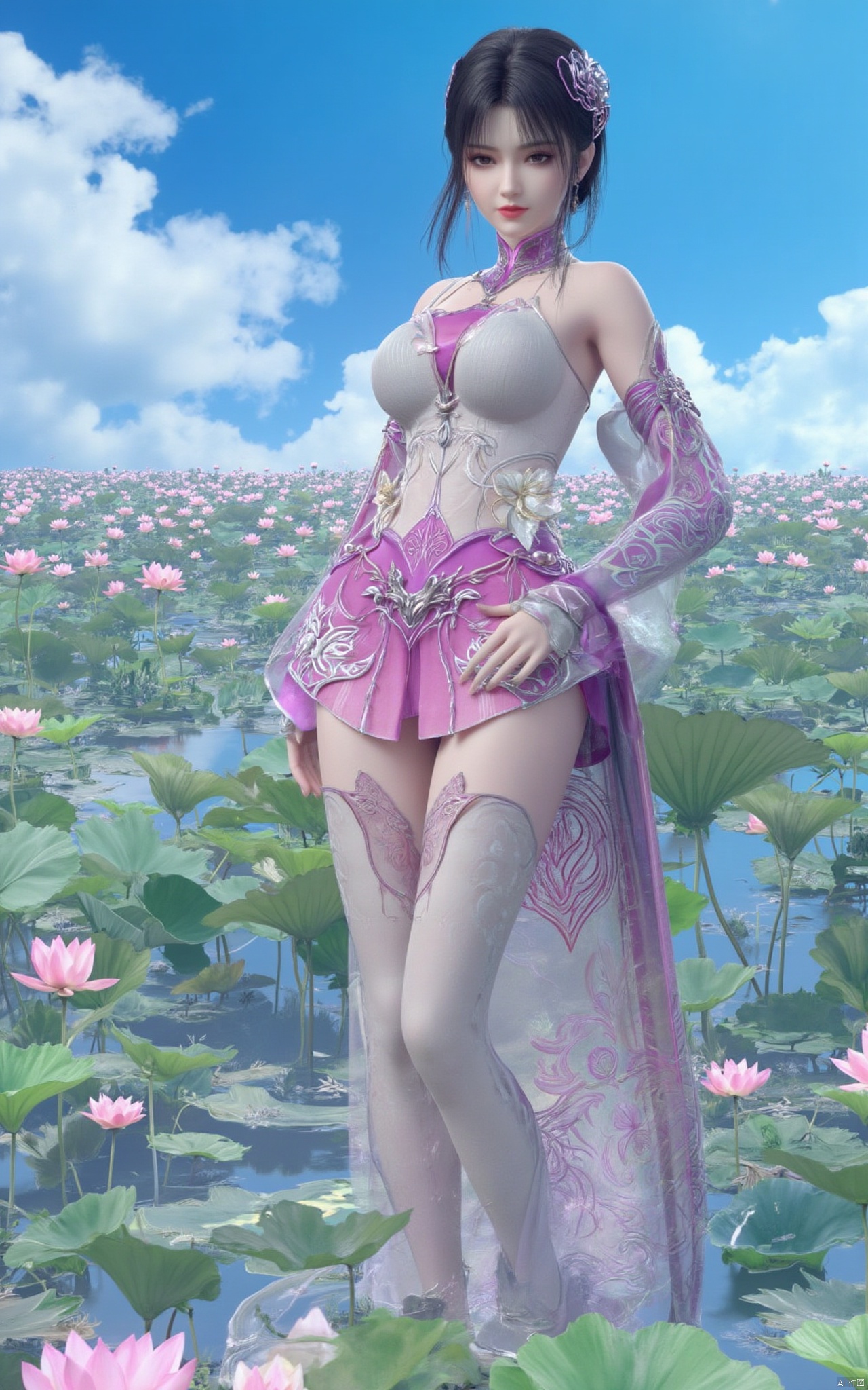 Masterpiece, the best quality, high quality,1girl,Lotus, blue sky, white clouds,(huge breasts:1.59),(A pond full of pink lotus flowers:1.39),Xhaiqinyan,Xlimuwan,Xqingege,Xxiaoyixian,Xyafei,XQhanfu