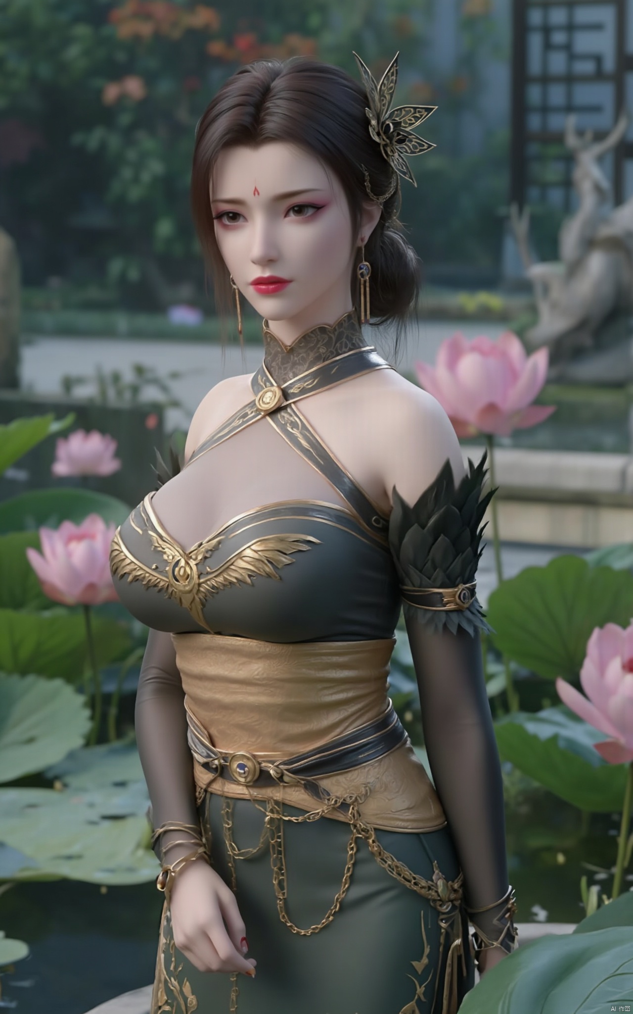 Masterpiece, the best quality, high quality,1girl,(huge breasts:1.59),(A pond full of pink lotus flowers:1.39),Xhaiqinyan,Xlimuwan,Xqingege,Xxiaoyixian,Xyafei,XQhanfu