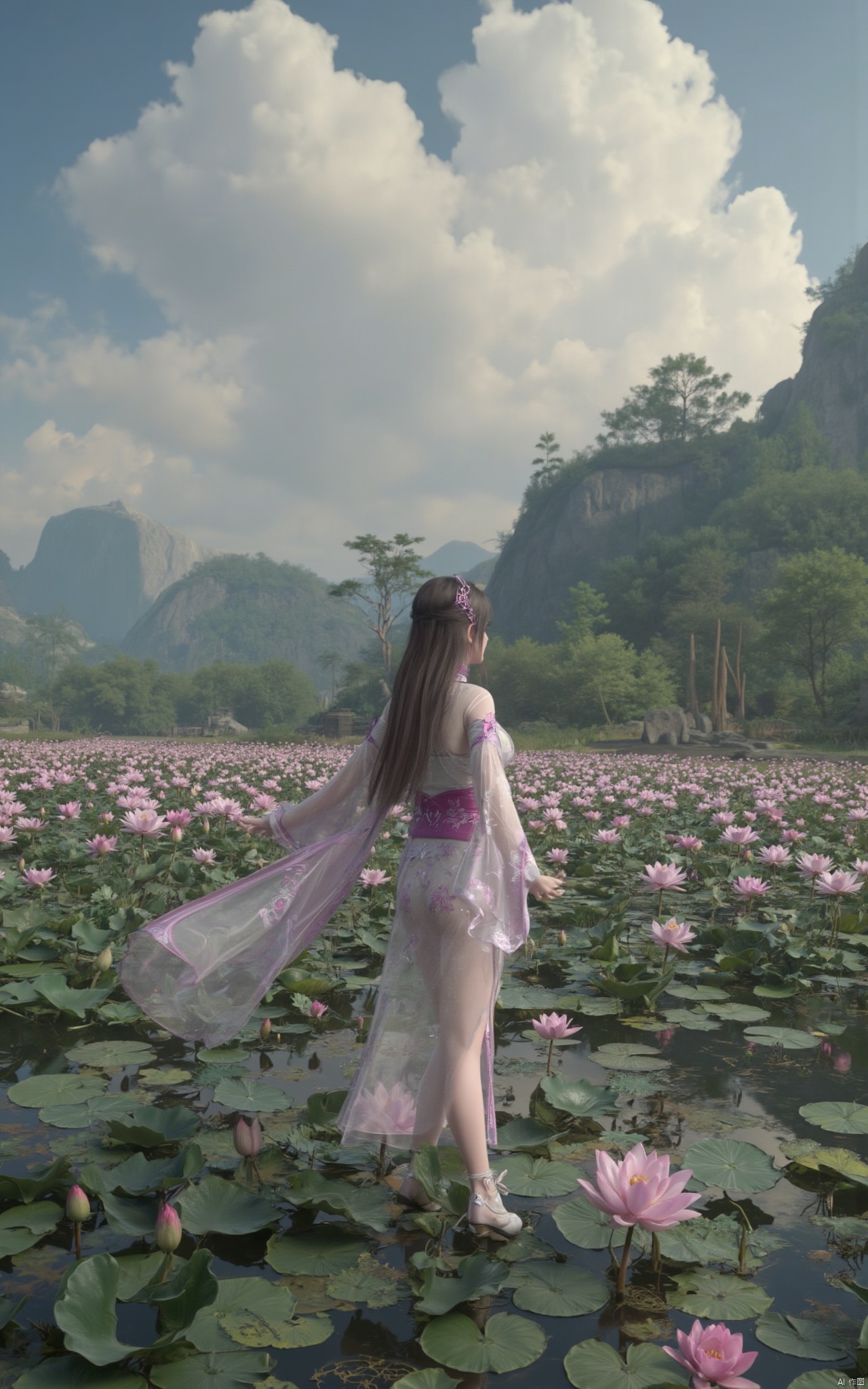 Masterpiece, the best quality, high quality,1girl,Lotus, blue sky, white clouds,(huge breasts:1.59),(A pond full of pink lotus flowers:1.39),Xhaiqinyan,Xlimuwan,Xqingege,Xxiaoyixian,Xyafei,XQhanfu