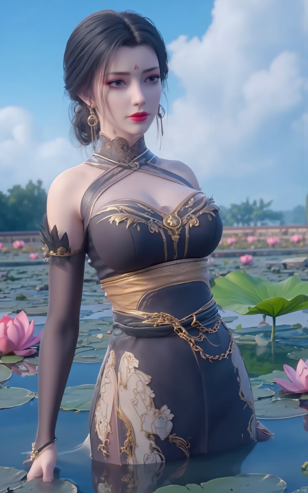 Masterpiece, the best quality, high quality,1girl,Lotus, blue sky, white clouds,(huge breasts:1.59),(A pond full of pink lotus flowers:1.39),Xhaiqinyan,Xlimuwan,Xqingege,Xxiaoyixian,Xyafei,XQhanfu