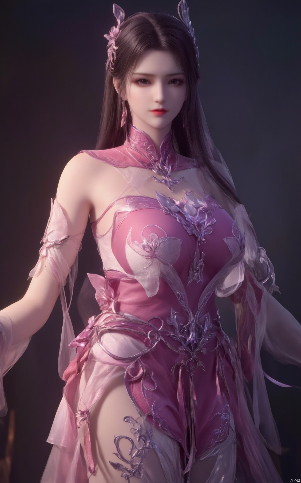 Masterpiece, the best quality, high quality,1girl,(huge breasts:1.59),(pink lotus flowers:1.39),Xxiaoyixian,Xyafei,XMGqipao,Xxueshifu,XyunxiPVC,Xdunhuangfeitian