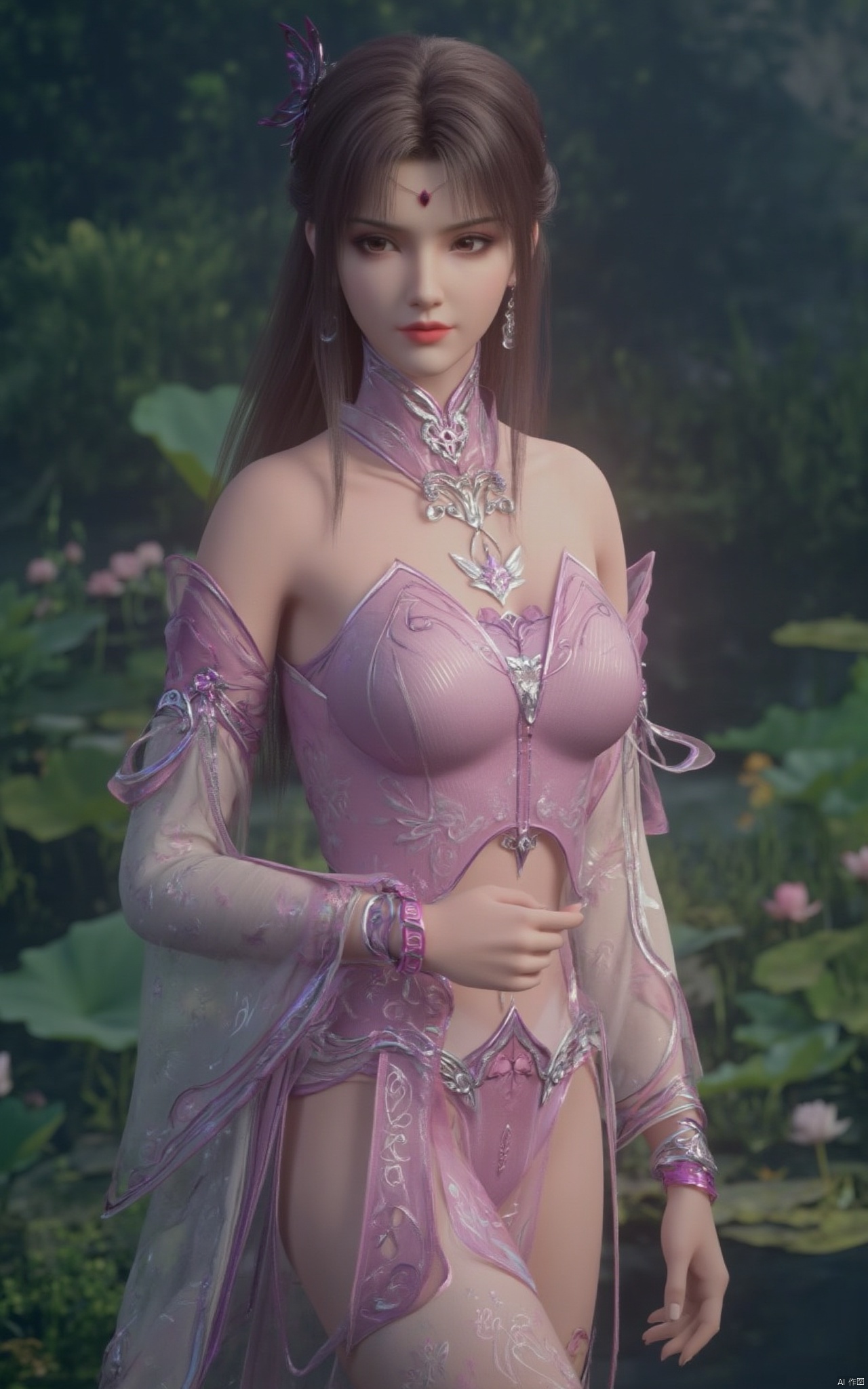 Masterpiece, the best quality, high quality,1girl,(huge breasts:1.59),(A pond full of pink lotus flowers:1.39),Xhaiqinyan,Xlimuwan,Xqingege,Xxiaoyixian,Xyafei,XQhanfu