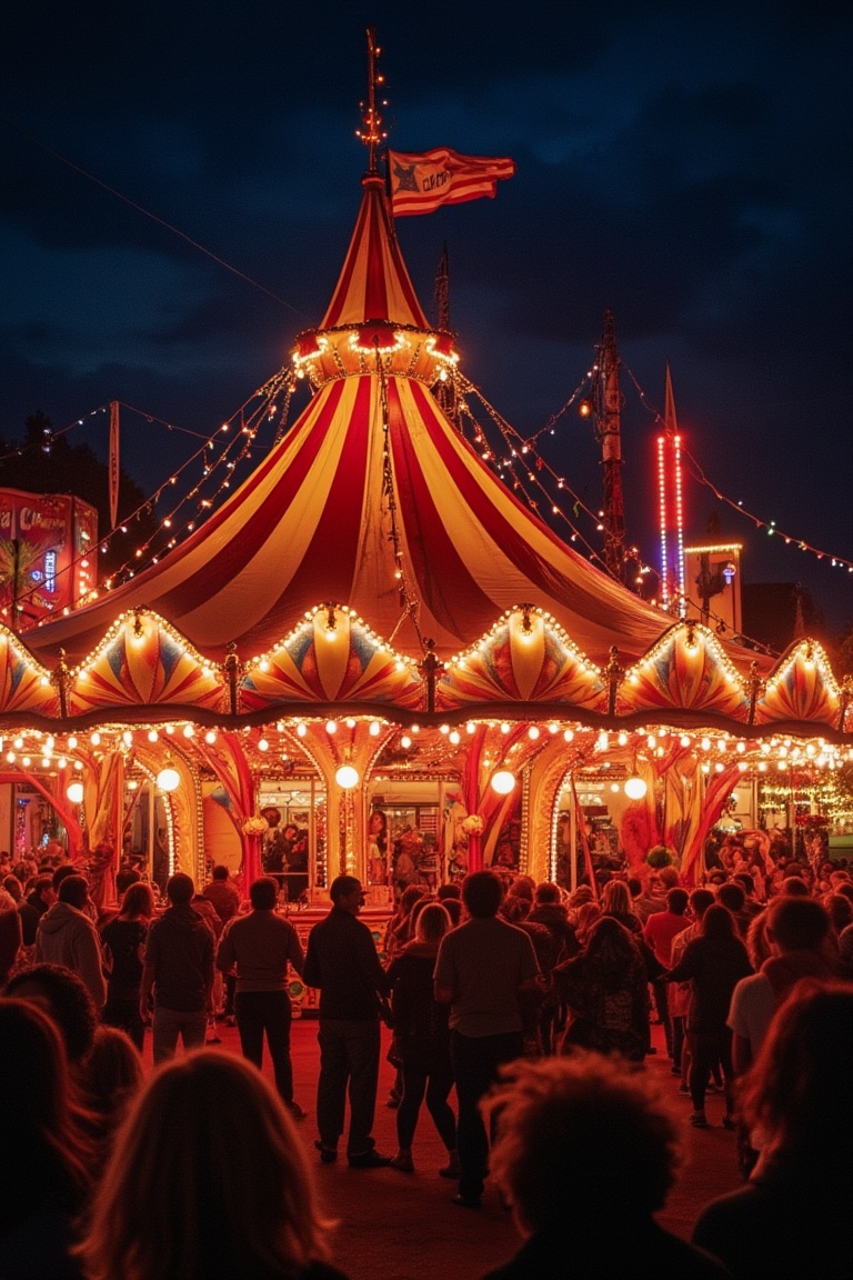 A vibrant circus tent set in a bustling carnival park,  filled with colorful lights and lively decorations. The scene is b...