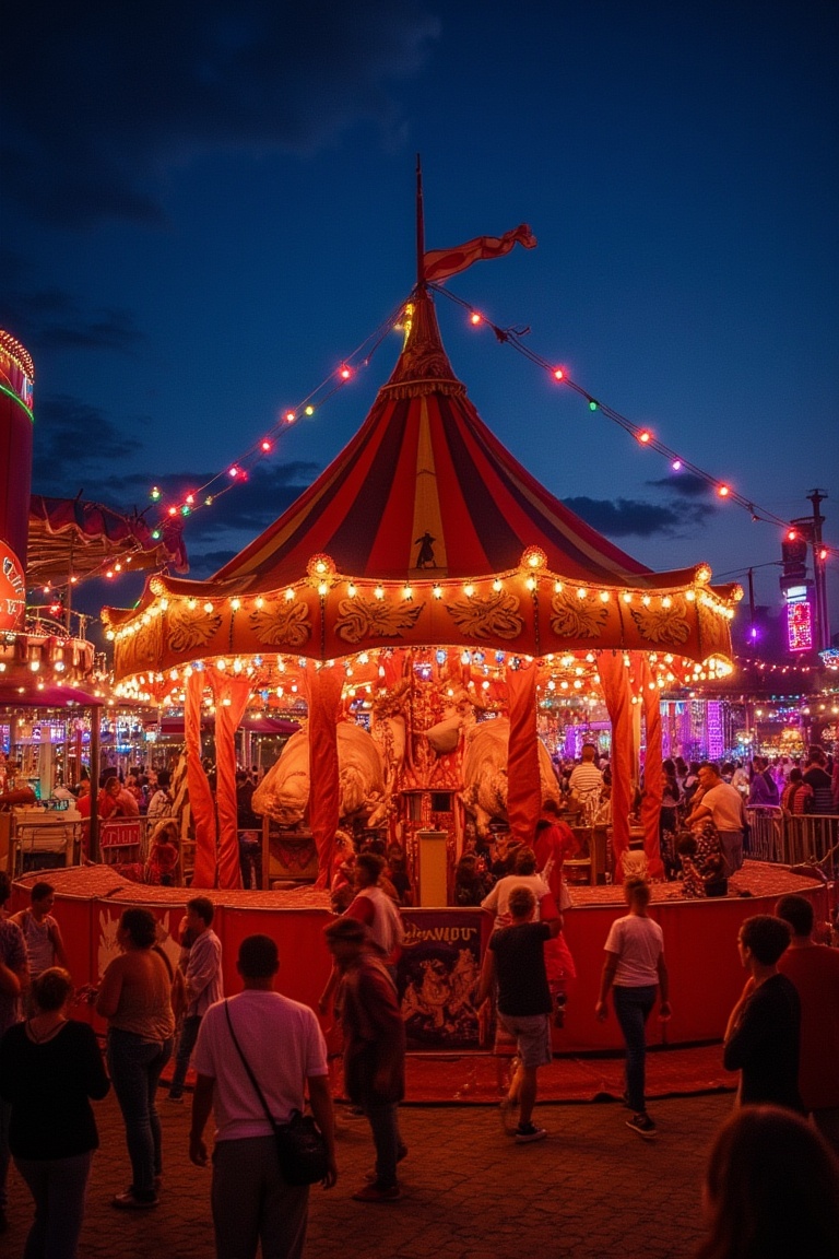 A vibrant circus tent set in a bustling carnival park,  filled with colorful lights and lively decorations. The scene is b...
