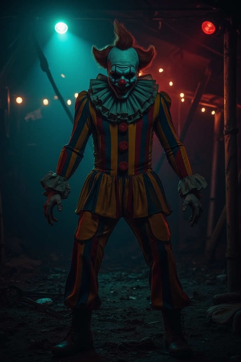 A fierce man dressed in an eerie clown costume,  standing ominously in a dimly lit,  gloomy circus tent. The scene is illu...
