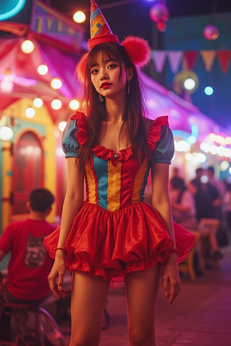 A Harajuku-style Japanese girl dressed in a playful clown costume,  standing in a vibrant and whimsical circus setting. Th...