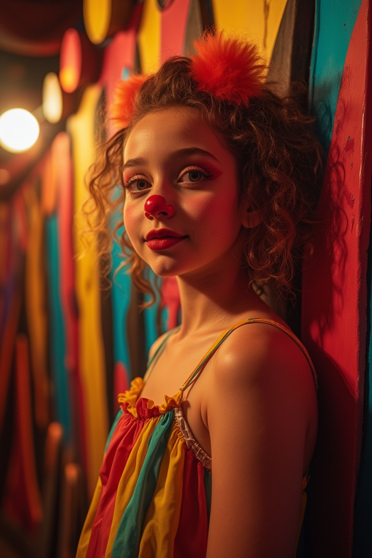 A girl with a playful clown costume,  leaning casually against a vibrant circus wall. The scene is brightly lit with theat...