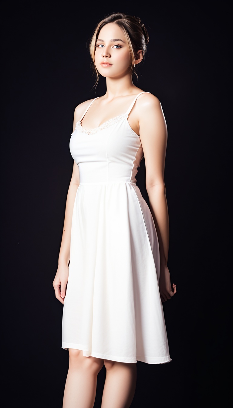 score_9, score_8_up, score_7_up, Realistic Photography, beautiful girl wearing sundress, standing tall, simple background, dark background