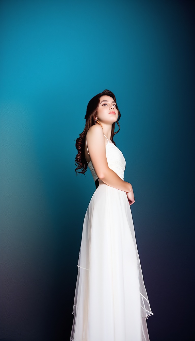 score_9, score_8_up, score_7_up, Realistic Photography, A young woman with long hair, dark locks stands confidently, her raven-black tresses cascading down her back like a waterfall of night. She wears a flowing dress that wraps around her slender figure, the fabric rustling softly as she holds her pose. The framing captures her from just below the shoulders, emphasizing her statuesque presence against a subtle, gradient background
