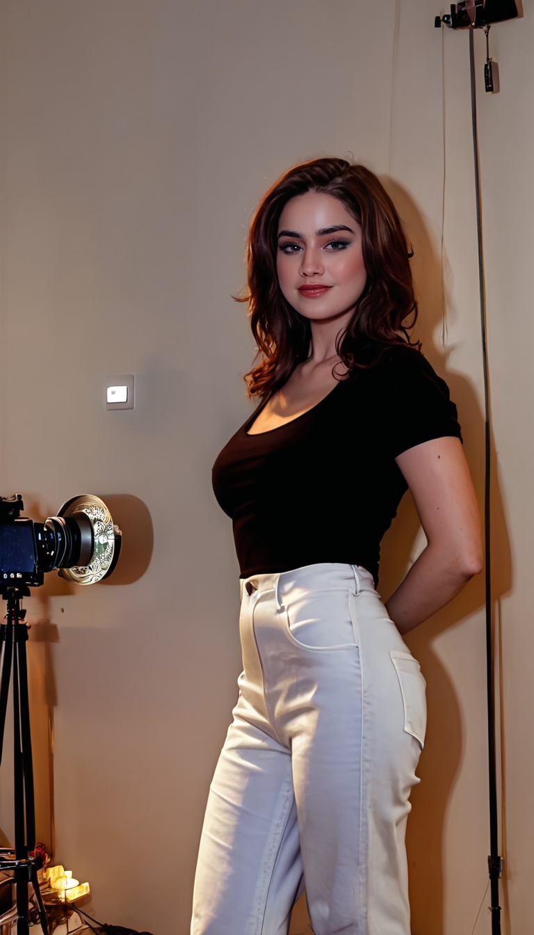 score_9, score_8_up, score_7_up, (masterpiece, realistic, best quality, ultra detailed), intricate, professional photography, HDR, High Dynamic Range, (8k UHD), RAW photo, dslr, realistic LUT, cinematic LUT, soft lighting, night time, professional lighting, cinematic lighting, cinematic shadows, iridescent lighting, Stunning, young, woman, Long hair, Brown hair, Natural makeup, Confident, Fit body, natural breasts, Standing, Black T-shirt, white pants, Key light, Night, bedroom