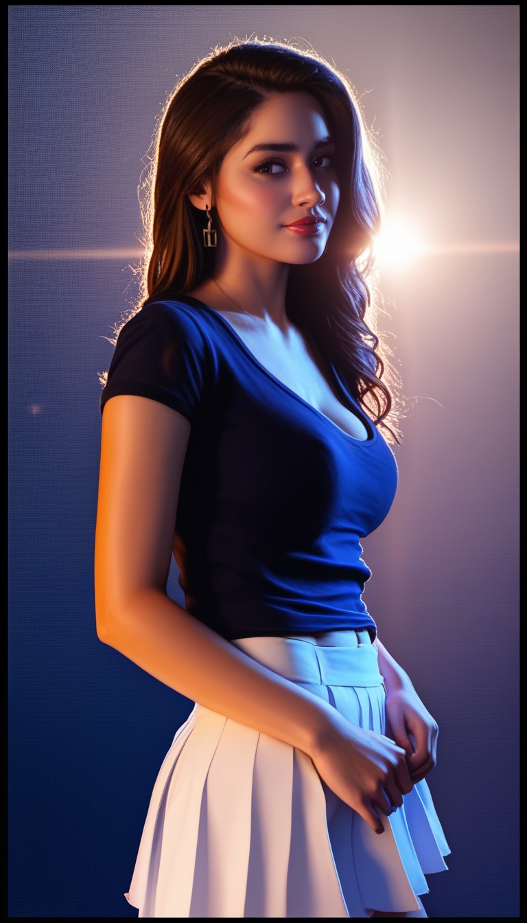score_9, score_8_up, score_7_up, (masterpiece, realistic, best quality, ultra detailed), intricate, professional photography, HDR, High Dynamic Range, (8k UHD), RAW photo, soft lighting, night time, professional lighting, cinematic lighting, cinematic shadows, iridescent lighting, Stunning, young, woman, Long hair, Brown hair, Natural makeup, Confident, Fit body, natural breasts, Standing, Black T-shirt, white pleated skirt, Key light, Night, bedroom