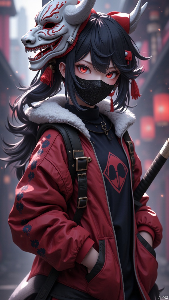 Masterpiece, best quality, amazing details,CG,1girl,Ghost face mask worn on the head, weapon, sword, solo, looking at the audience, red eyes, black hair, blurred background, jacket, hand-held pockets, earrings, long sleeves, jewelry, open clothes, fur trim, samurai sword, ghost face mask on the arms, bangs, tassels, red jacket, hair accessories, depth of field, sheath, open jacket, sheath, separated bangs, denim shooting, light particles, outdoor, upper body, ribbon, breasts, print, standing