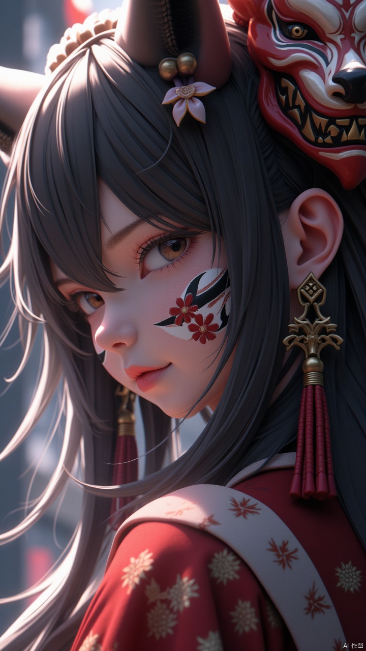 Masterpiece, best quality, amazing details,CG,1girl,solo, sideways, upper body, close-up, looking at the audience, long hair, brown eyes, lips, facial painting, fox mask on the head, facial markers, blurred background, closed mouth, tassels, red lips, backlight, depth of field, traditional costume, looking sideways, nose, bangs