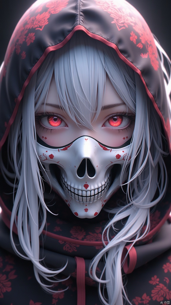 Masterpiece, best quality, amazing details, photo-realistic,CG,1girl,red eyes, solo, close-up, white skull mask, wearing hood, looking at the camera, hair between eyes, bangs, long hair, white hair, portrait, frontal