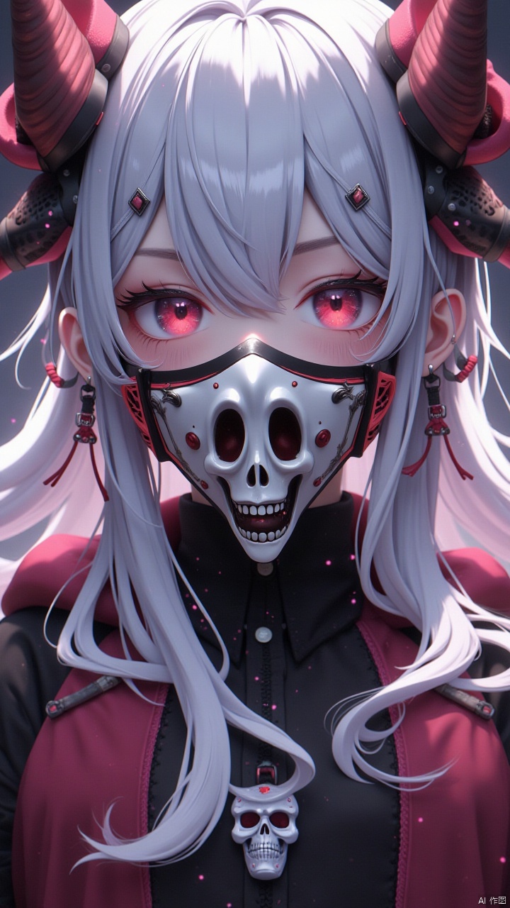 Masterpiece, best quality, amazing details, CG,1girl,Solo, horn, front, close-up, looking at the camera, ghost face mask, long hair, hair between eyes, tassels, bangs, red eyes, white hair, upper body, earrings, jacket, hairy, hair accessories, cross bangs, pink powder blusher, light particles, depth of field,