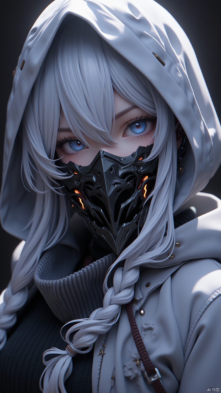Masterpiece, best quality, amazing details,CG,1girl,solo, hood, black metal mask, sideways, close-up, looking at the audience, white hair, blue eyes, braids, hood up, eyelashes, long hair