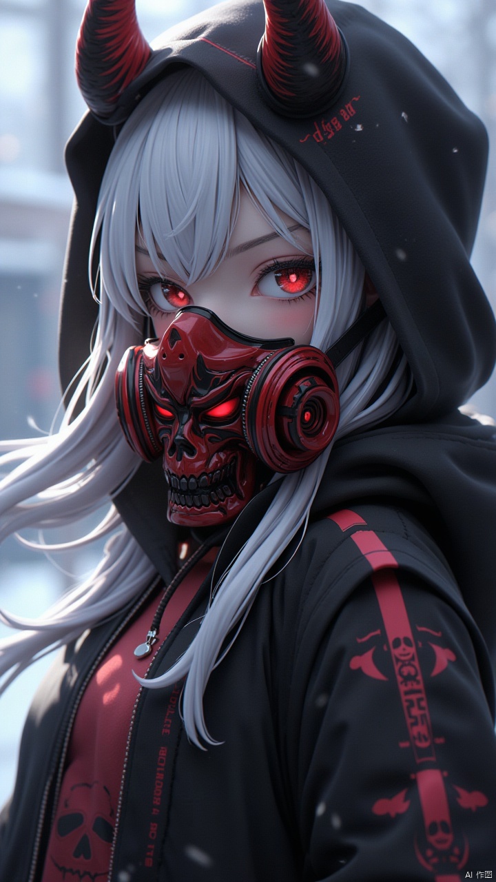 Masterpiece, best quality, amazing details, CG,1girl,Solo, ghost face style red and black gas mask, red ghost face mask on the side, red and black devil horns, long hair, looking at the camera, slanted side, close-up, red eye, jacket, bangs, wearing hood, hair between eyes, upper body, snow, clothing writing, white hair, hooded jacket, glowing, floating hair, zipper, glowing eyes, black jacket, outdoor,