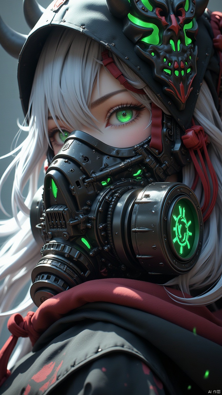 Masterpiece, best quality, amazing details,CG,1girl,solo,Green eyes, complex structured metal mechanical gas mask, green emitting gas mask, respirator, black metal mask, slanted side, close-up, looking at the audience, long hair, halo, eyelashes, white hair, red head wearing a hat,
