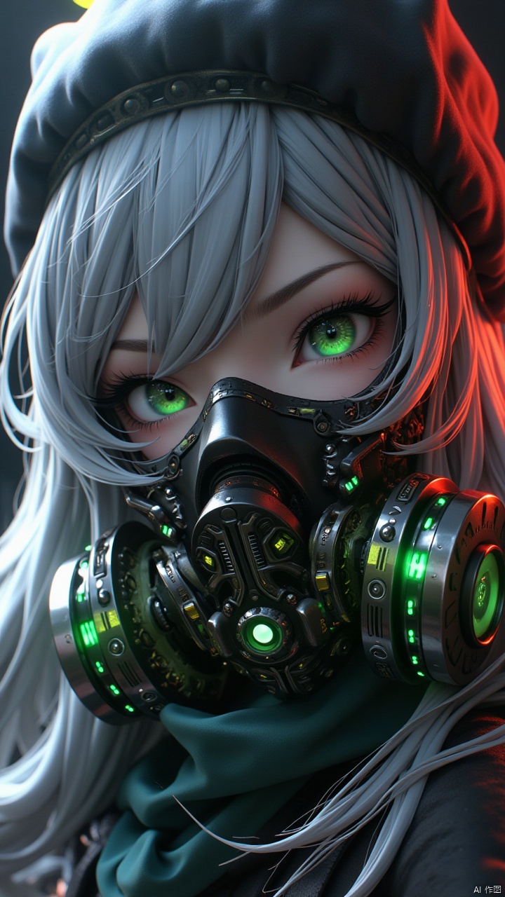 Masterpiece, best quality, amazing details,CG,1girl,solo,Green eyes, complex structured metal mechanical gas mask, green emitting gas mask, respirator, black metal mask, slanted side, close-up, looking at the audience, long hair, halo, eyelashes, white hair, red head wearing a hat,