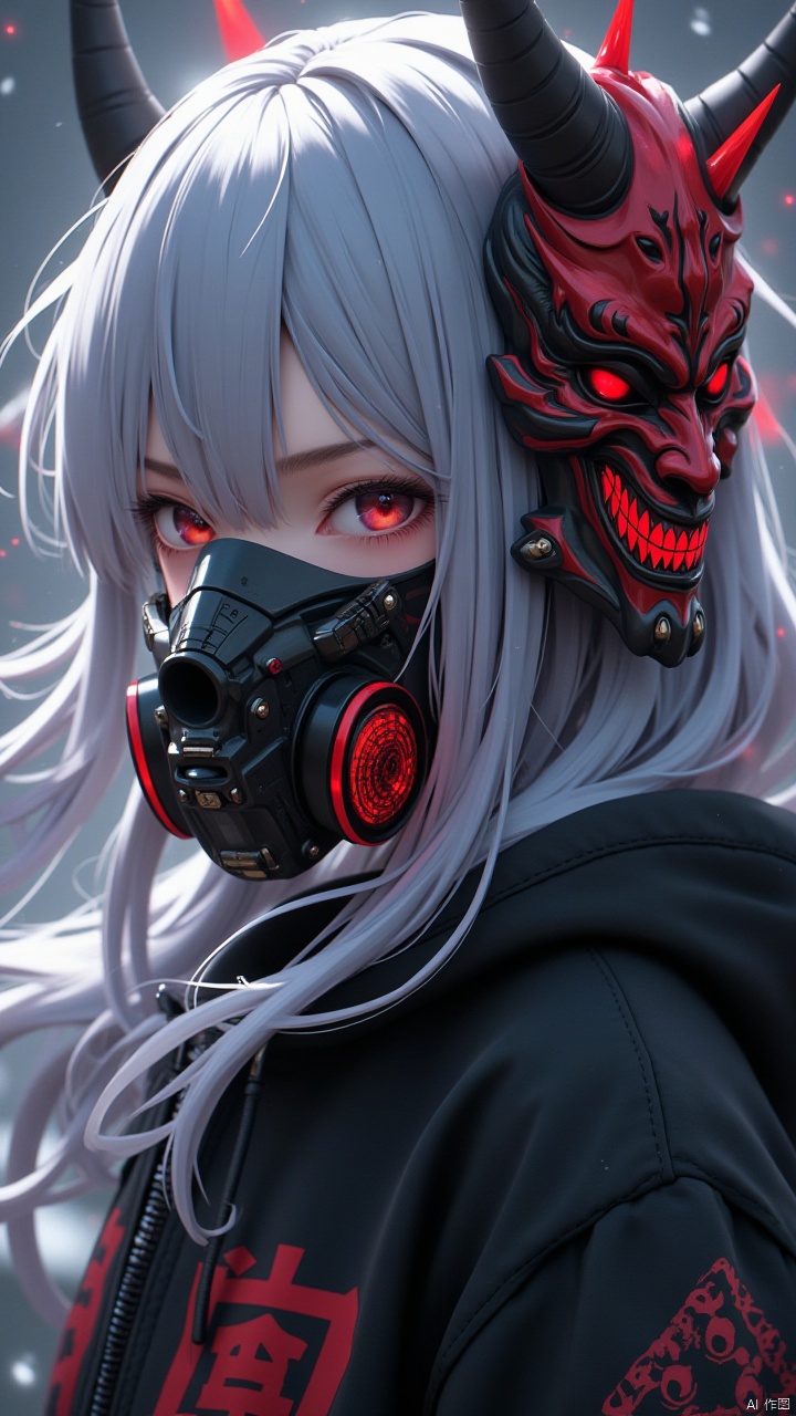 Masterpiece, best quality, amazing details, CG,1girl,solo, red eyes, red ghost face mask on the side of the head, devil's horn, long hair, black metal gas mask, jacket, side, looking at the camera, bangs, upper body, hair between the eyes, snow, zipper, hood down, outdoor, black jacket, hood, clothing writing, white hair, floating hair, depth of field, drawstring,