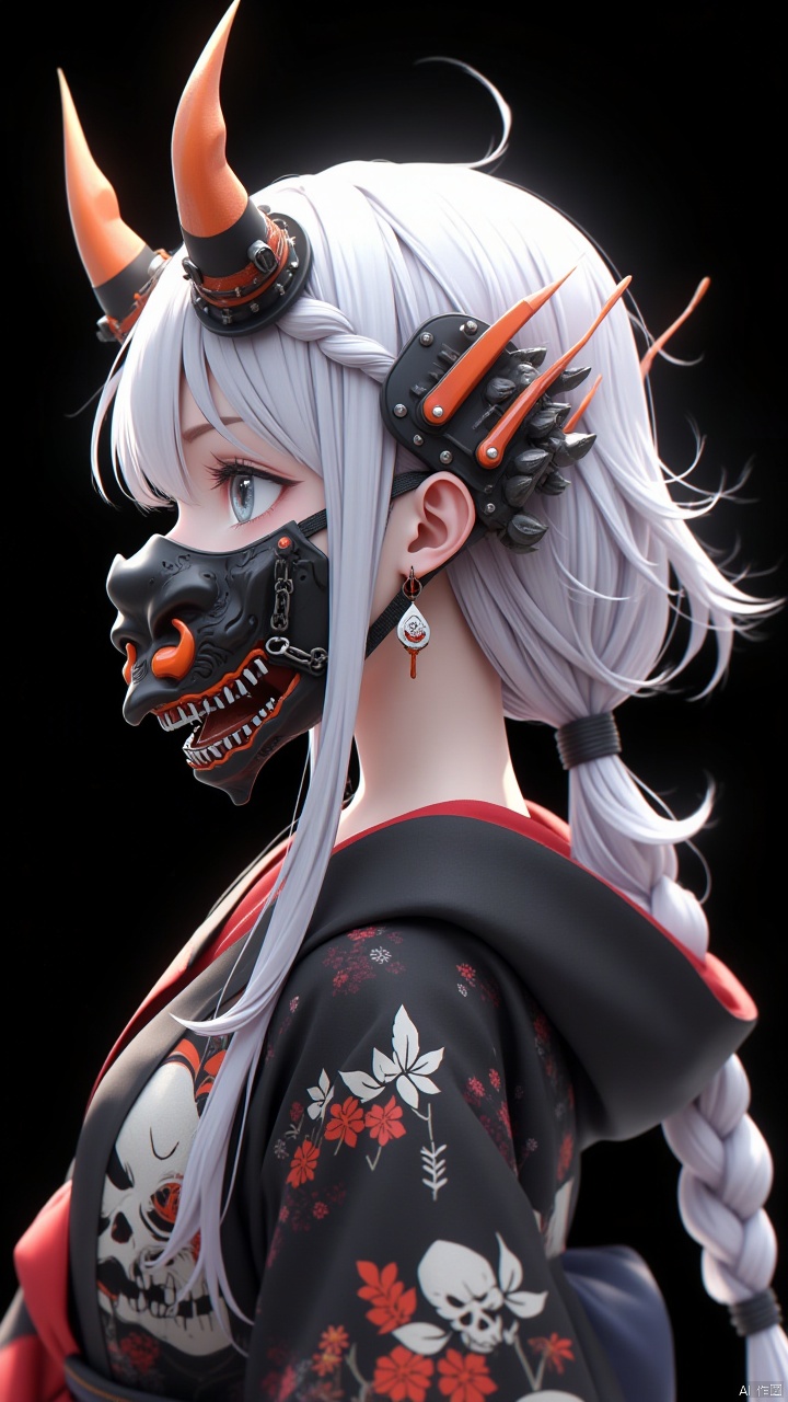 Masterpiece, best quality, amazing details, CG,1girl,Solo, wearing a grimace mask on the back of the head, horns, hair accessories, braids, white hair, horns, bangs, black background, earrings, side, upper body, gray eyes, long hair, side, Japanese clothing, black and orange mechanical masks, simple background, kimono, hood, leaves, clip, shoulder hair
