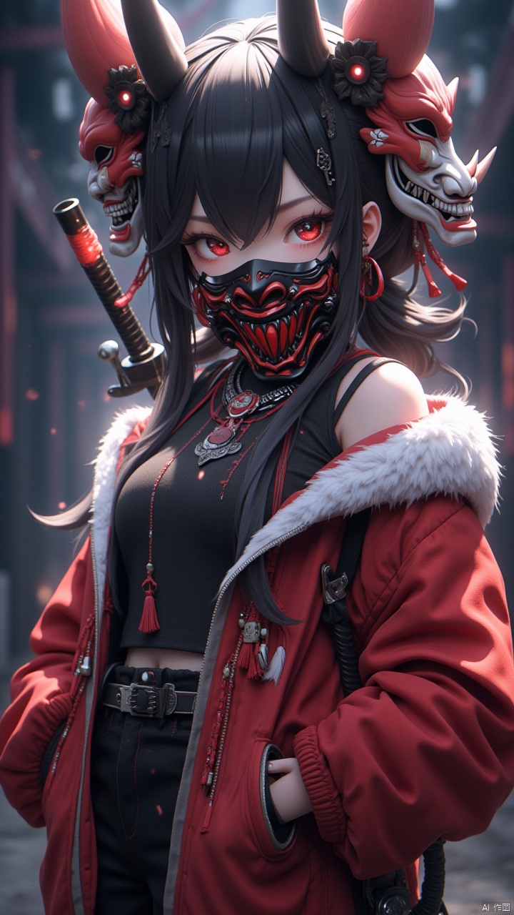 Masterpiece, best quality, amazing details,CG,1girl,Ghost face mask worn on the head, weapon, sword, solo, looking at the audience, red eyes, black hair, blurred background, jacket, hand-held pockets, earrings, long sleeves, jewelry, open clothes, fur trim, samurai sword, ghost face mask on the arms, bangs, tassels, red jacket, hair accessories, depth of field, sheath, open jacket, sheath, separated bangs, denim shooting, light particles, outdoor, upper body, ribbon, breasts, print, standing