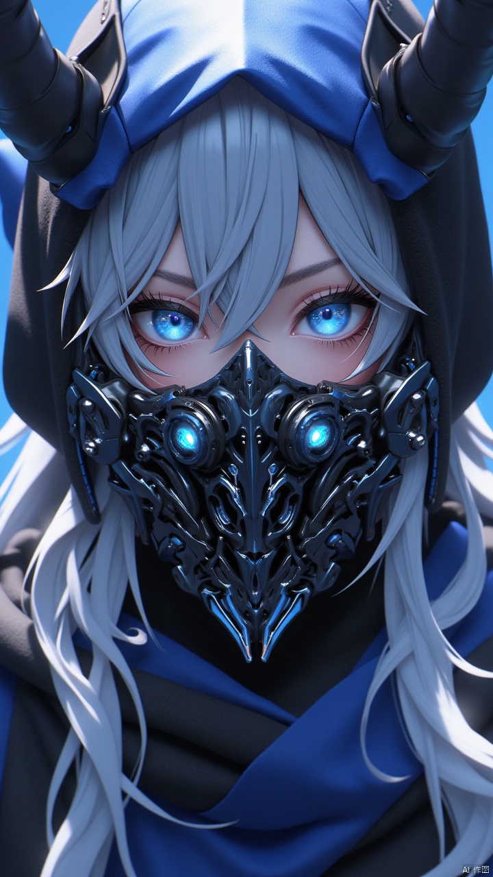 Masterpiece, best quality, amazing details, CG,1girl,solo, blue eyes, frontal, close-up, looking at the audience, hair between eyes, hood, long hair, hood up, bangs, black and blue mechanical masks, mechanical demon horn, white hair, headwear, science fiction, blindfolded, sparkling, symbol shaped pupils, portrait, V-shaped eyebrows, eyelashes, blue background