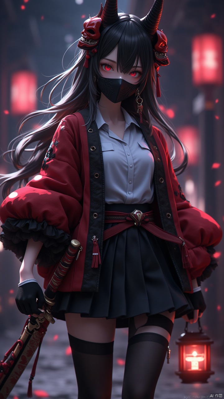 Masterpiece, best quality, amazing details,CG,1girl,solo, weapon, samurai sword, black hair, skirt, mask, red eyes, shirt, white shirt, jacket, long sleeves, black skirt, open clothes, stockings, blurred, earrings, looking at the audience, jewelry, open jacket, long hair, red jacket, mask, blurred background, bangs, sheath, sheath, belt, fluffy sleeves, fluffy long sleeves, outdoor, depth of field, pleated skirt, lantern, standing, night, cowboy shooting, sleeves over wrist, tassels, black stockings,ghost print