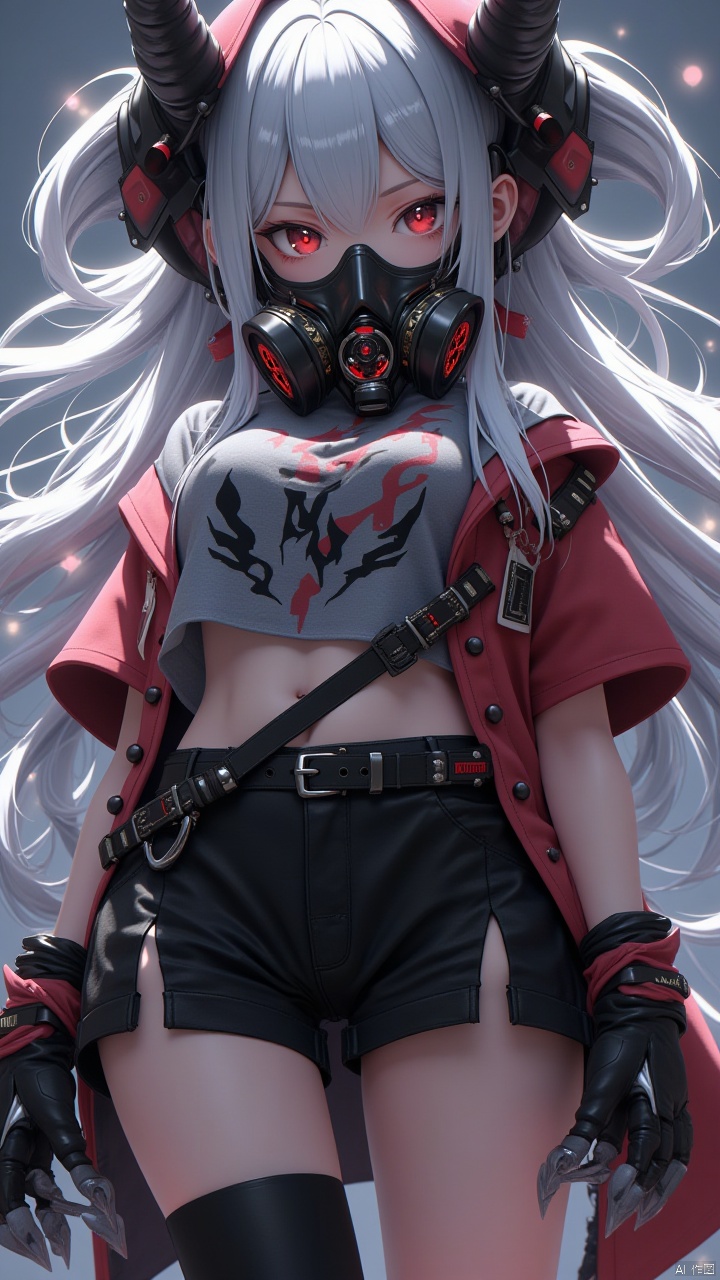 Masterpiece, best quality, amazing details, CG,1girl,red eyes, long hair, thighs, solo, looking at the camera, gas mask, horns, black thighs, shorts, belt, standing, looking up perspective, bangs, short sleeves, white hair, gloves, black shorts, floating hair, big chest, metal claws, shirt,