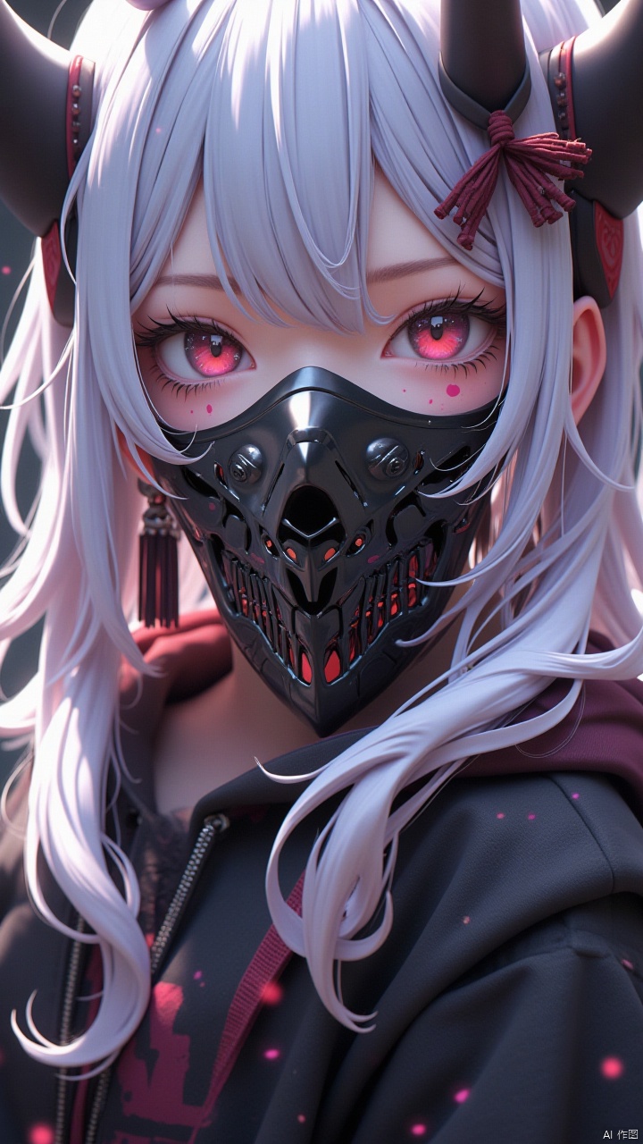 Masterpiece, best quality, amazing details, CG,1girl,Solo, horn, front, close-up, looking at the camera, ghost face mask, long hair, hair between eyes, tassels, bangs, red eyes, white hair, upper body, earrings, jacket, hairy, hair accessories, cross bangs, pink powder blusher, light particles, depth of field,
