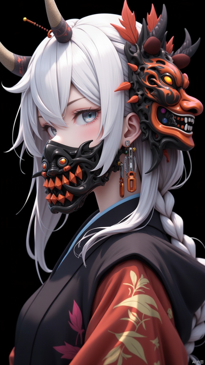 Masterpiece, best quality, amazing details, CG,1girl,Solo, wearing a grimace mask on the back of the head, horns, hair accessories, braids, white hair, horns, bangs, black background, earrings, side, upper body, gray eyes, long hair, side, Japanese clothing, black and orange mechanical masks, simple background, kimono, hood, leaves, clip, shoulder hair