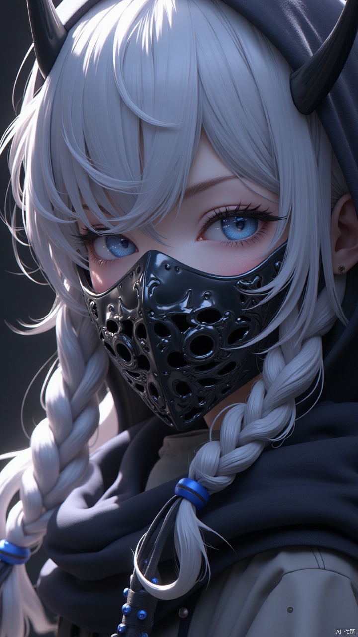 Masterpiece, best quality, amazing details,CG,1girl,solo, hood, black metal mask, sideways, close-up, looking at the audience, white hair, blue eyes, braids, hood up, eyelashes, long hair